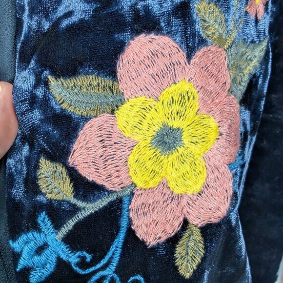 Andree by Unit Open Cardigan Womens Medium Crushed Velvet Blue Floral Embroider - Picture 10 of 10